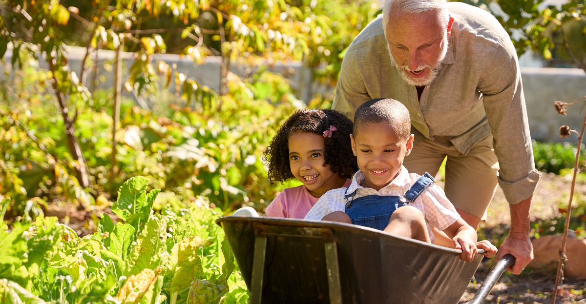 Children in wheelbarrow on allotment
